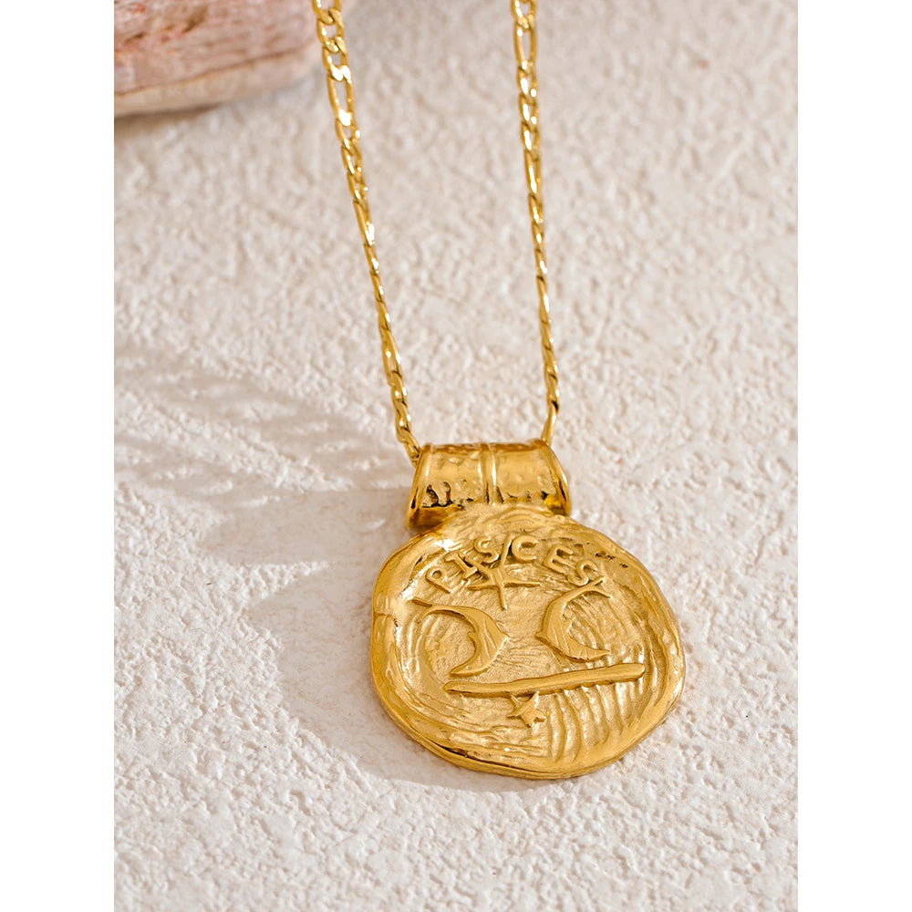 Exclusive Waterproof 12 Constellation Pendant Necklace Stainless Steel Hammered Vintage Golden 18K Plated Fashion Jewelry