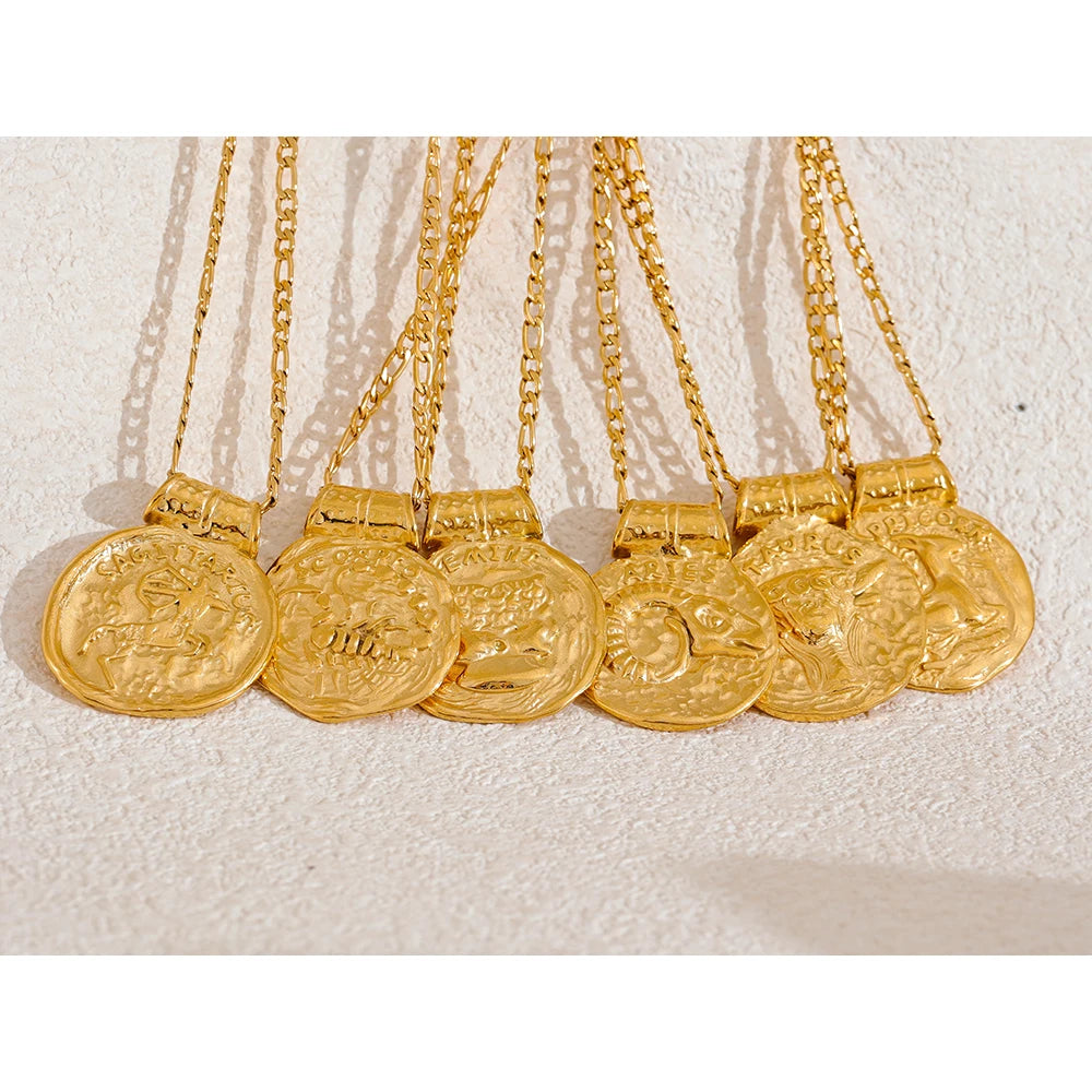 Exclusive Waterproof 12 Constellation Pendant Necklace Stainless Steel Hammered Vintage Golden 18K Plated Fashion Jewelry