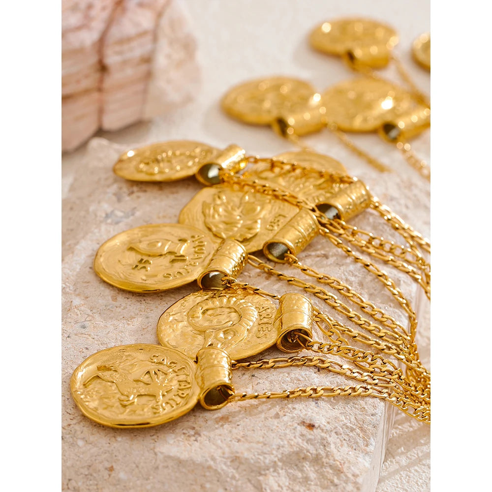 Exclusive Waterproof 12 Constellation Pendant Necklace Stainless Steel Hammered Vintage Golden 18K Plated Fashion Jewelry