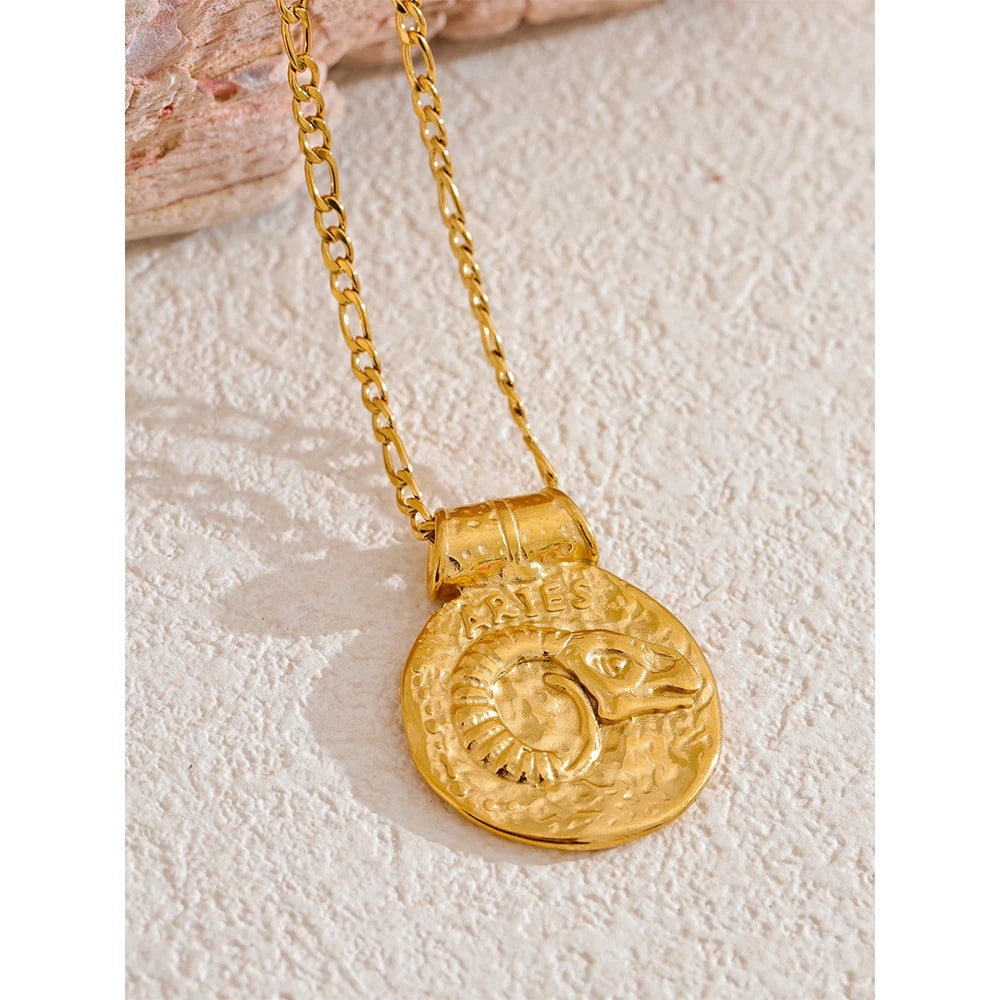 Exclusive Waterproof 12 Constellation Pendant Necklace Stainless Steel Hammered Vintage Golden 18K Plated Fashion Jewelry