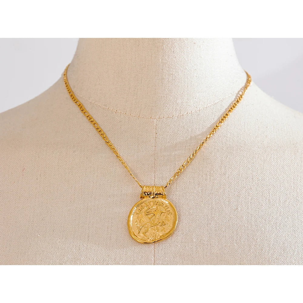 Exclusive Waterproof 12 Constellation Pendant Necklace Stainless Steel Hammered Vintage Golden 18K Plated Fashion Jewelry