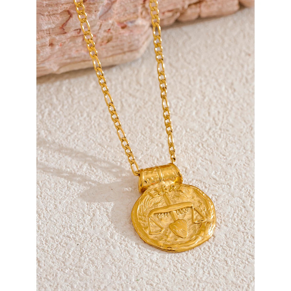 Exclusive Waterproof 12 Constellation Pendant Necklace Stainless Steel Hammered Vintage Golden 18K Plated Fashion Jewelry