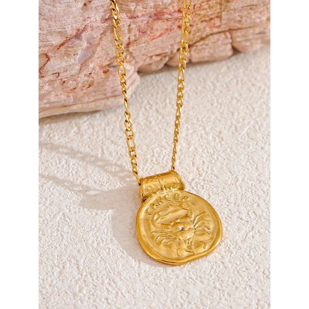 Exclusive Waterproof 12 Constellation Pendant Necklace Stainless Steel Hammered Vintage Golden 18K Plated Fashion Jewelry